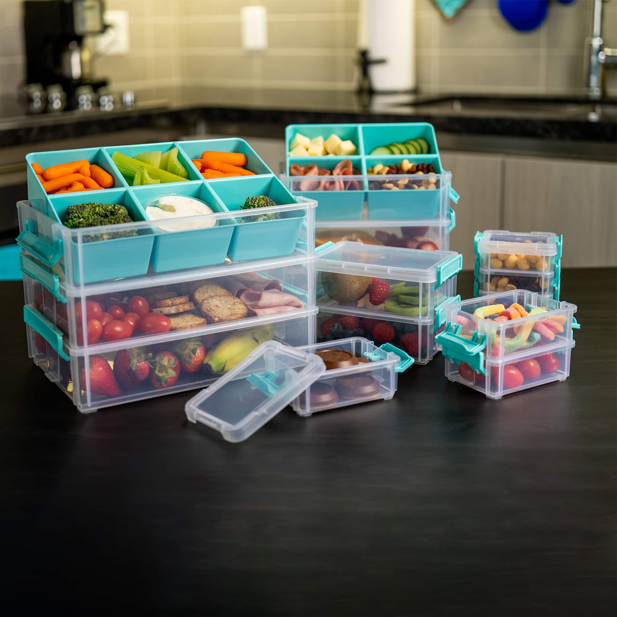 John Bead 5.5" Joy Filled Clear & Turquoise Stackable Containers With Lids